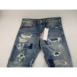 First Row Jeans Mens 36 Blue Slim Straight Distressed Patchwork Camo Utility